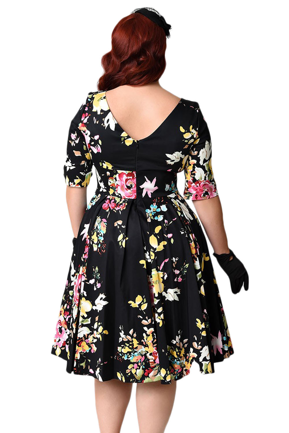 BY61702-2 Black Vintage Style Floral Half Sleeve Swing Dress